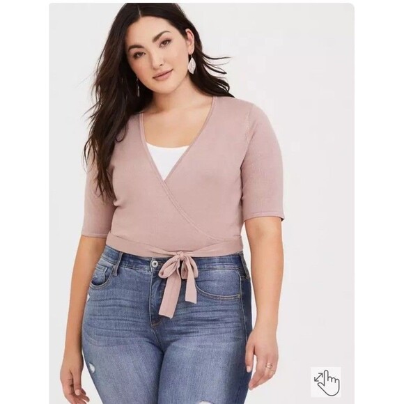 Torrid Wrap Short Sleeve Cardigan Sweater Women 3X Rose Pink Rayon Nylon Cropped - Picture 1 of 6